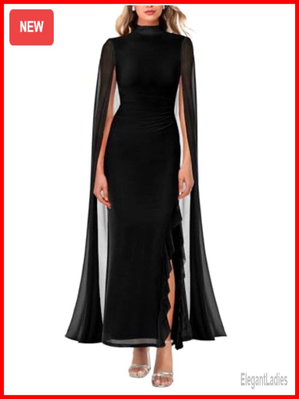 Women's Maxi Bodycon Dress High Neck Long Sleeve Cape Formal Evening Gown